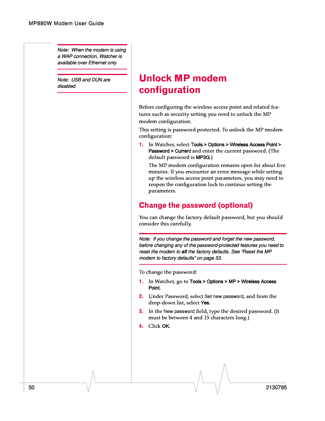 Sierra Wireless MP 880W manual Unlock MP modem configuration, Change the password optional 
