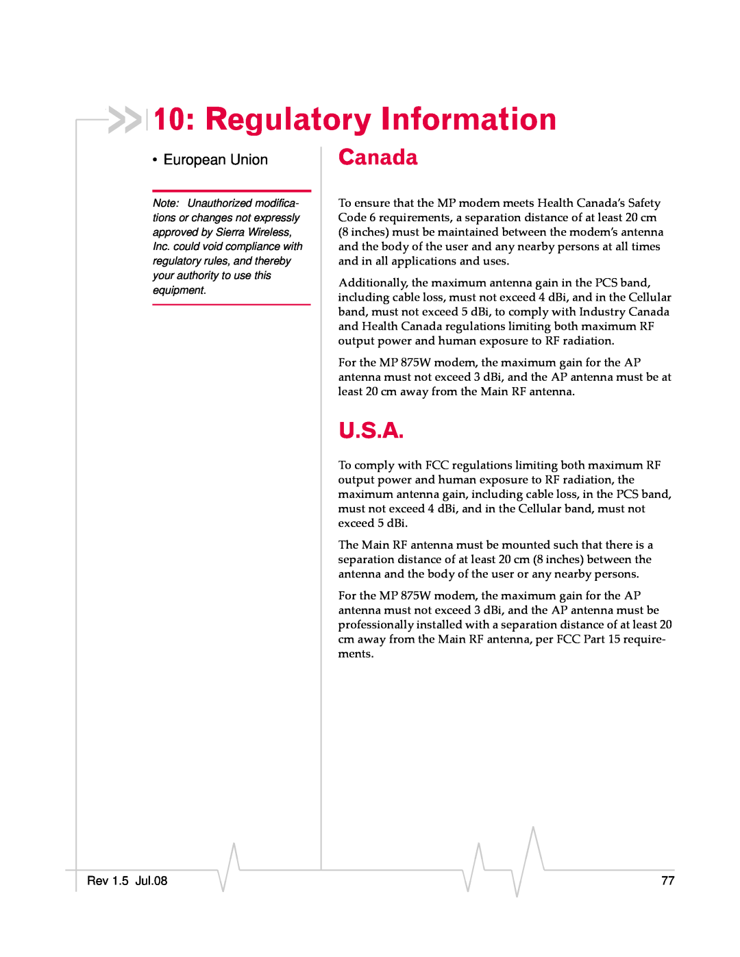 Sierra Wireless MP 880W manual Regulatory Information, Canada, U.S.A 