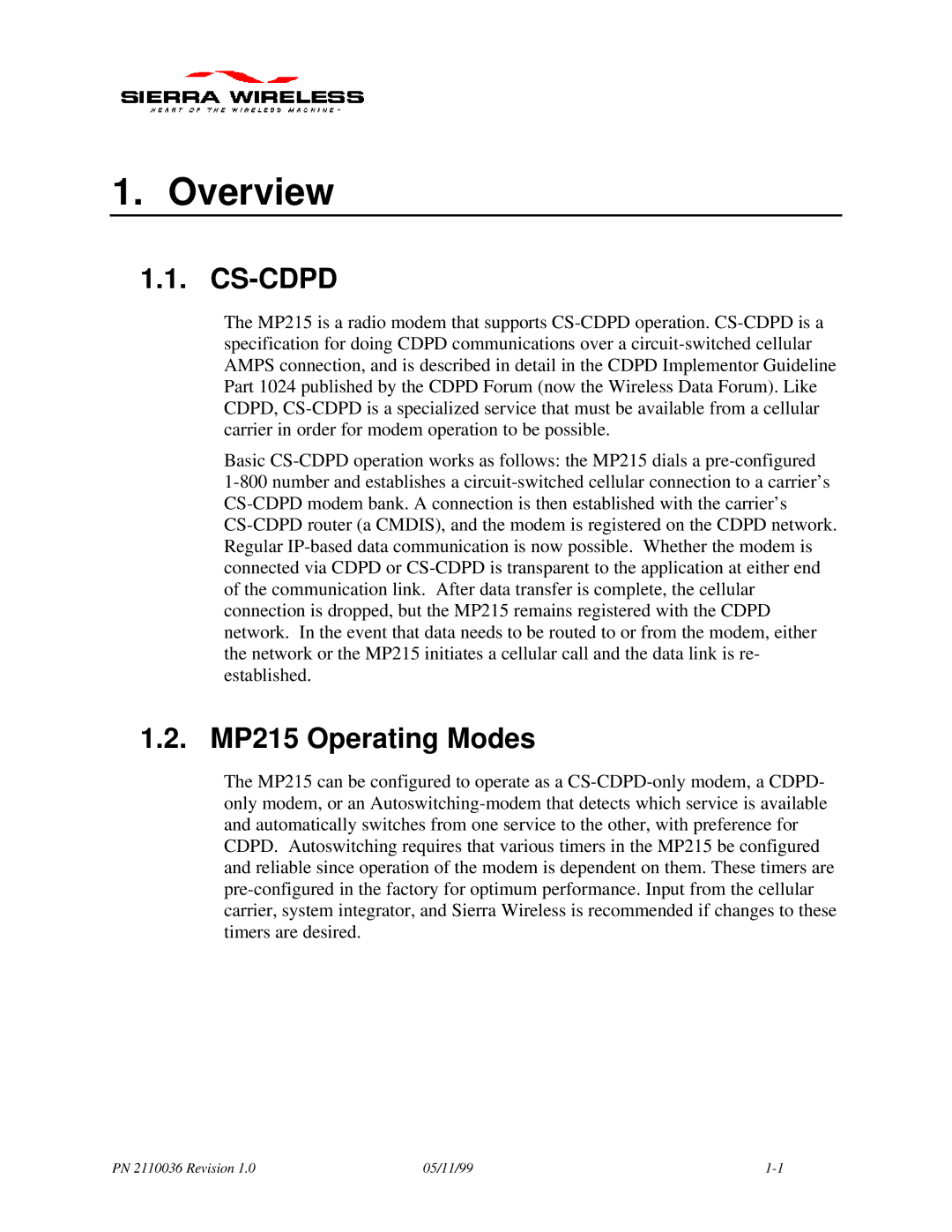 Sierra Wireless manual Overview, Cs-Cdpd, MP215 Operating Modes 