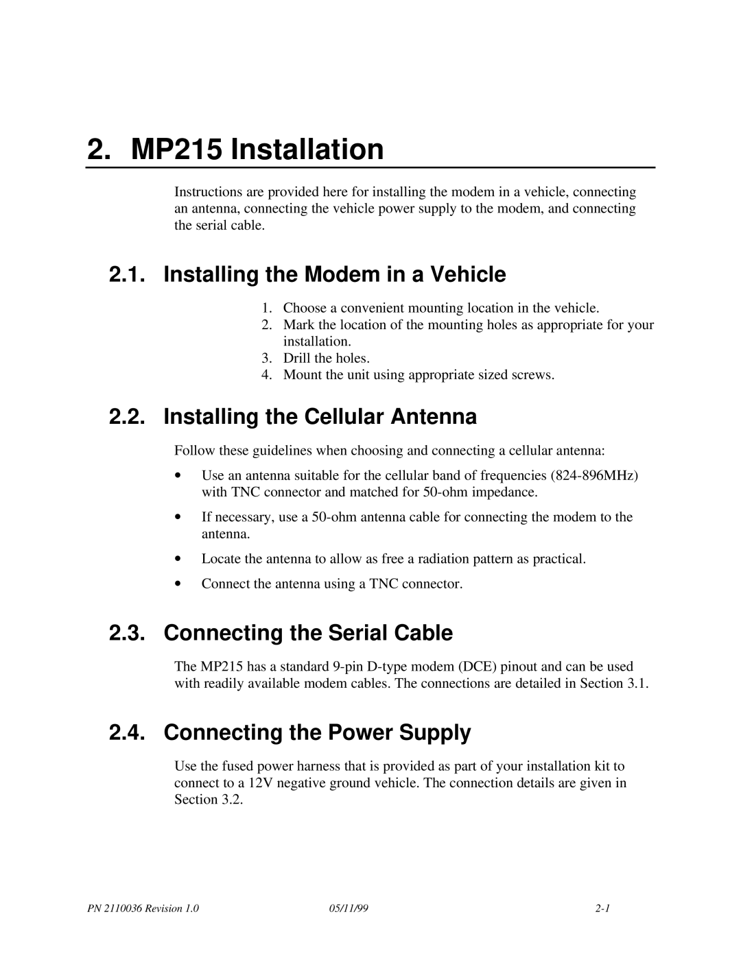 Sierra Wireless manual MP215 Installation, Installing the Modem in a Vehicle, Installing the Cellular Antenna 