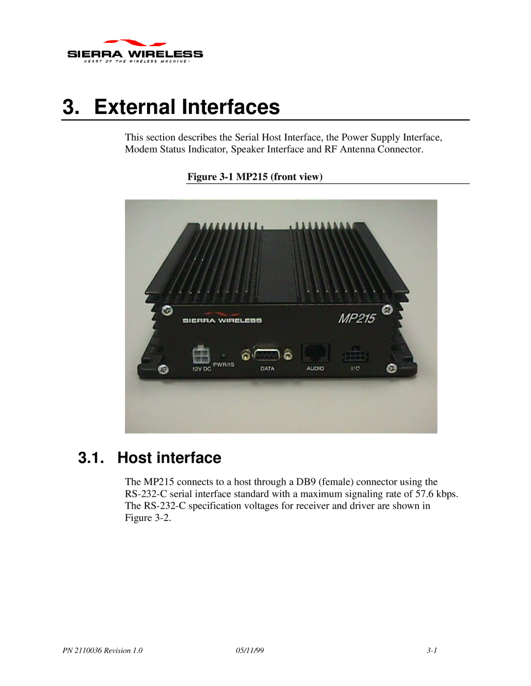 Sierra Wireless MP215 manual External Interfaces, Host interface 