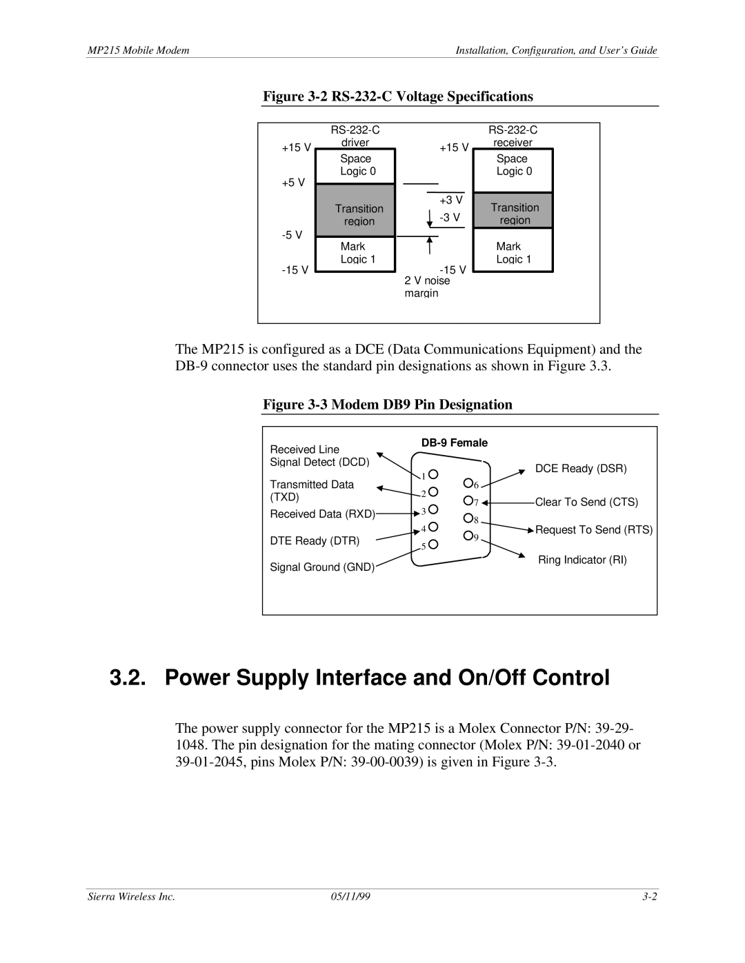 Sierra Wireless MP215 manual Power Supply Interface and On/Off Control, DB-9 Female 