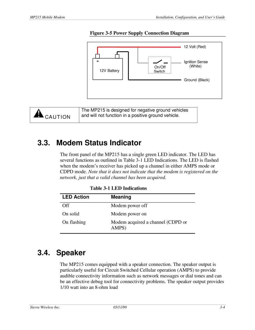 Sierra Wireless MP215 manual Modem Status Indicator, Speaker 