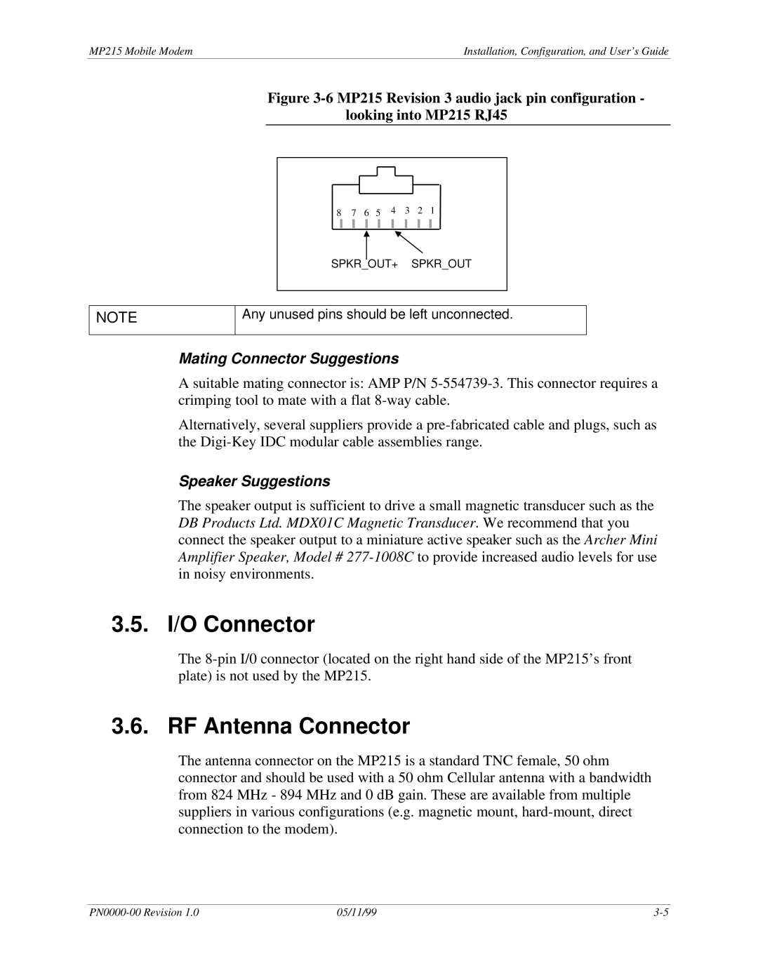 Sierra Wireless MP215 manual I/O Connector, RF Antenna Connector, Mating Connector Suggestions, Speaker Suggestions 