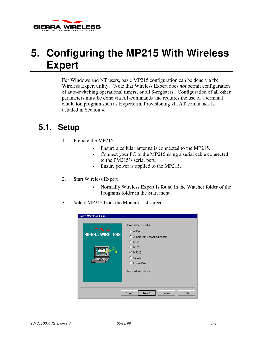 Sierra Wireless manual Configuring the MP215 With Wireless Expert, Setup 