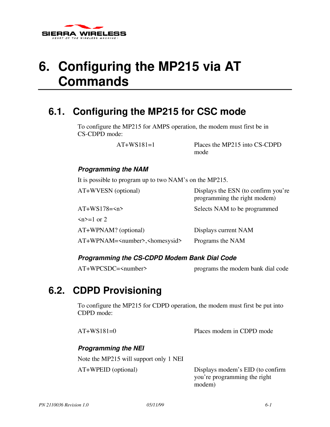 Sierra Wireless manual Configuring the MP215 via AT Commands, Configuring the MP215 for CSC mode, Programming the NAM 