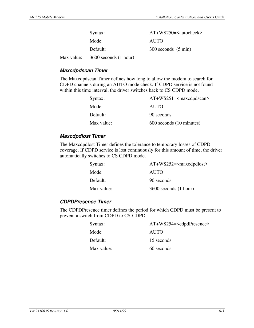 Sierra Wireless MP215 manual Maxcdpdscan Timer, Maxcdpdlost Timer, CDPDPresence Timer 