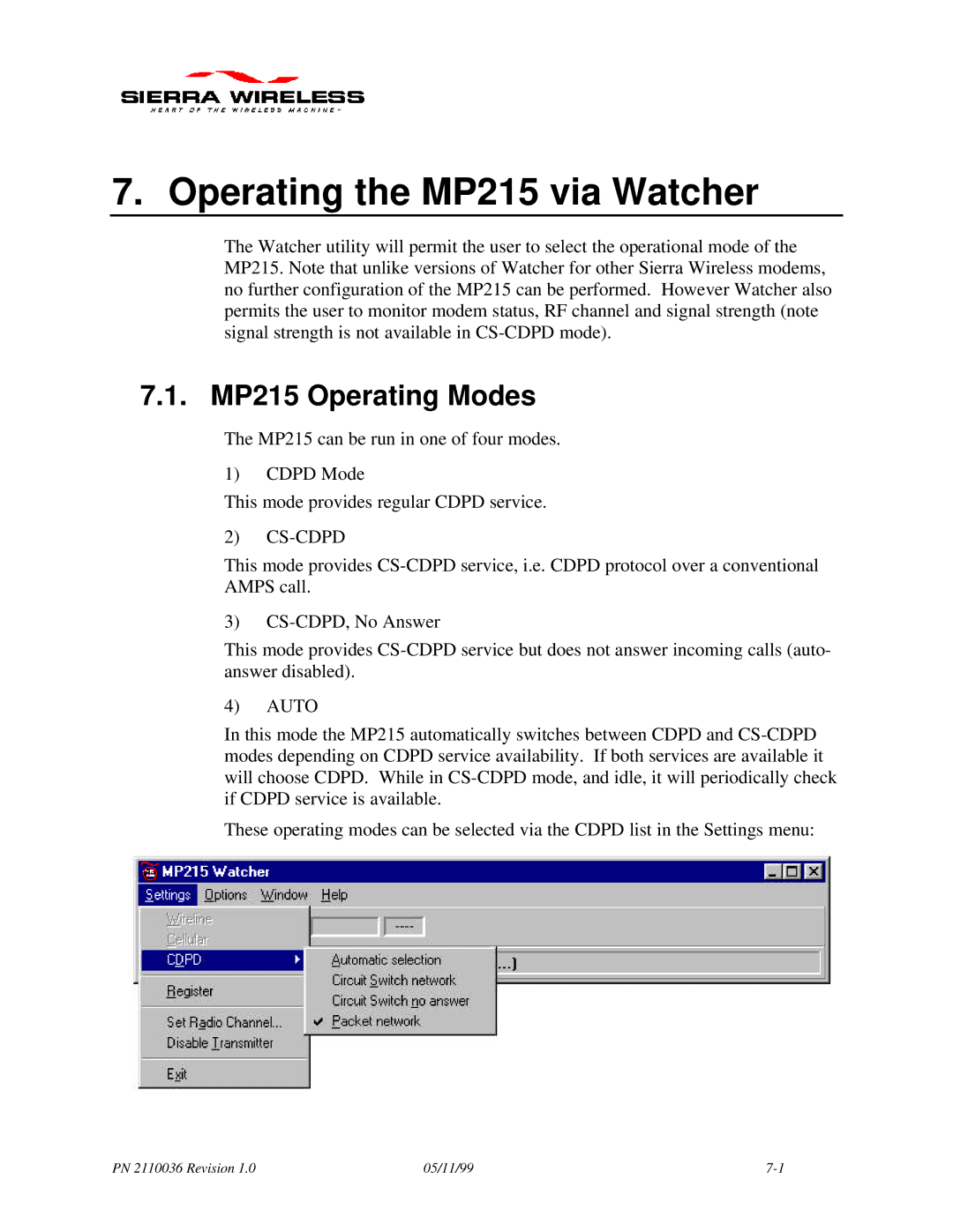 Sierra Wireless manual Operating the MP215 via Watcher, Cs-Cdpd 