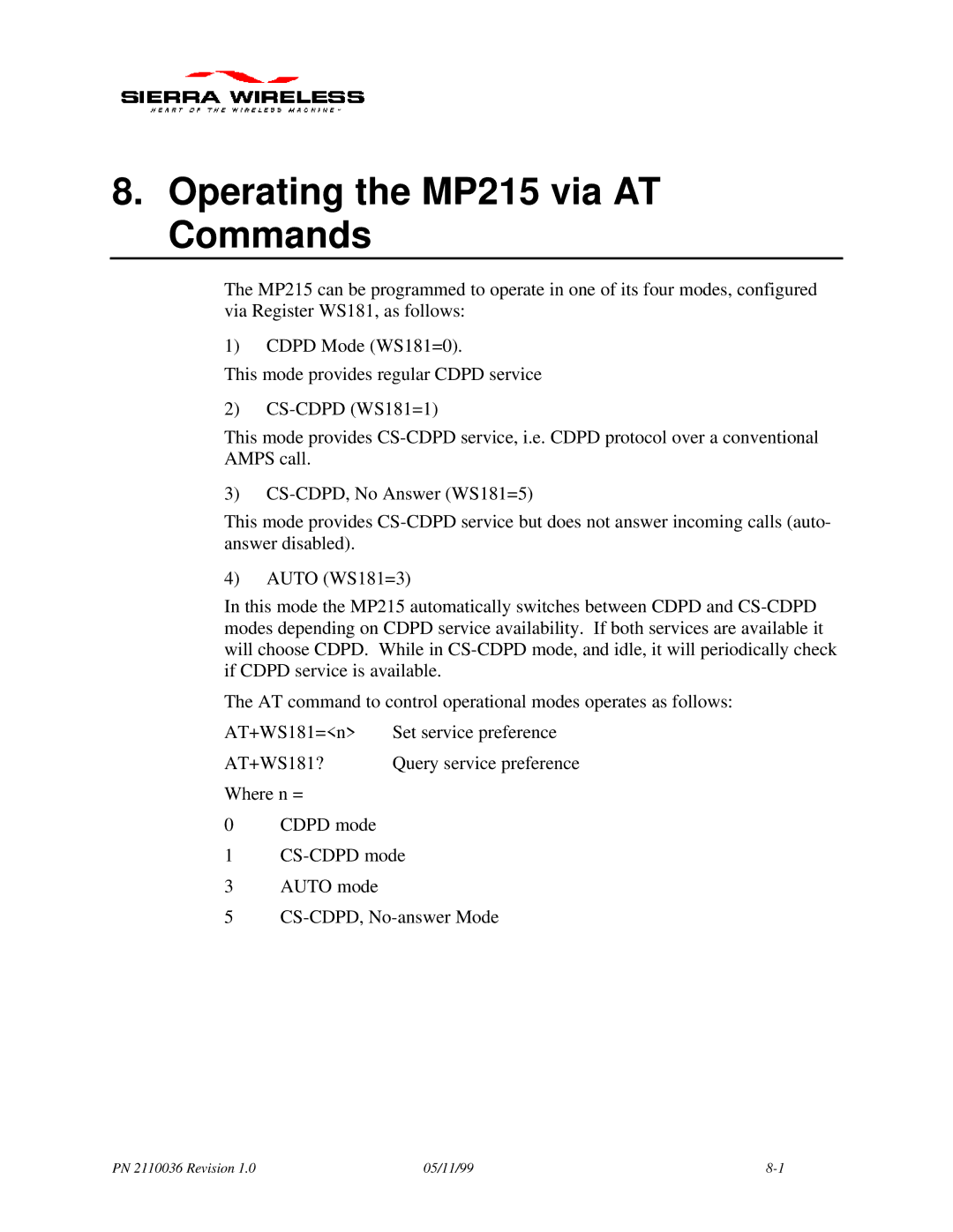 Sierra Wireless manual Operating the MP215 via AT Commands 