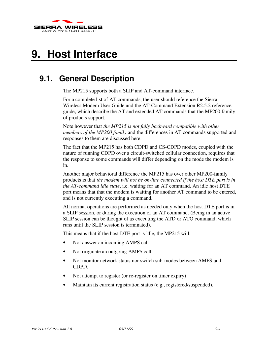 Sierra Wireless MP215 manual Host Interface, General Description 