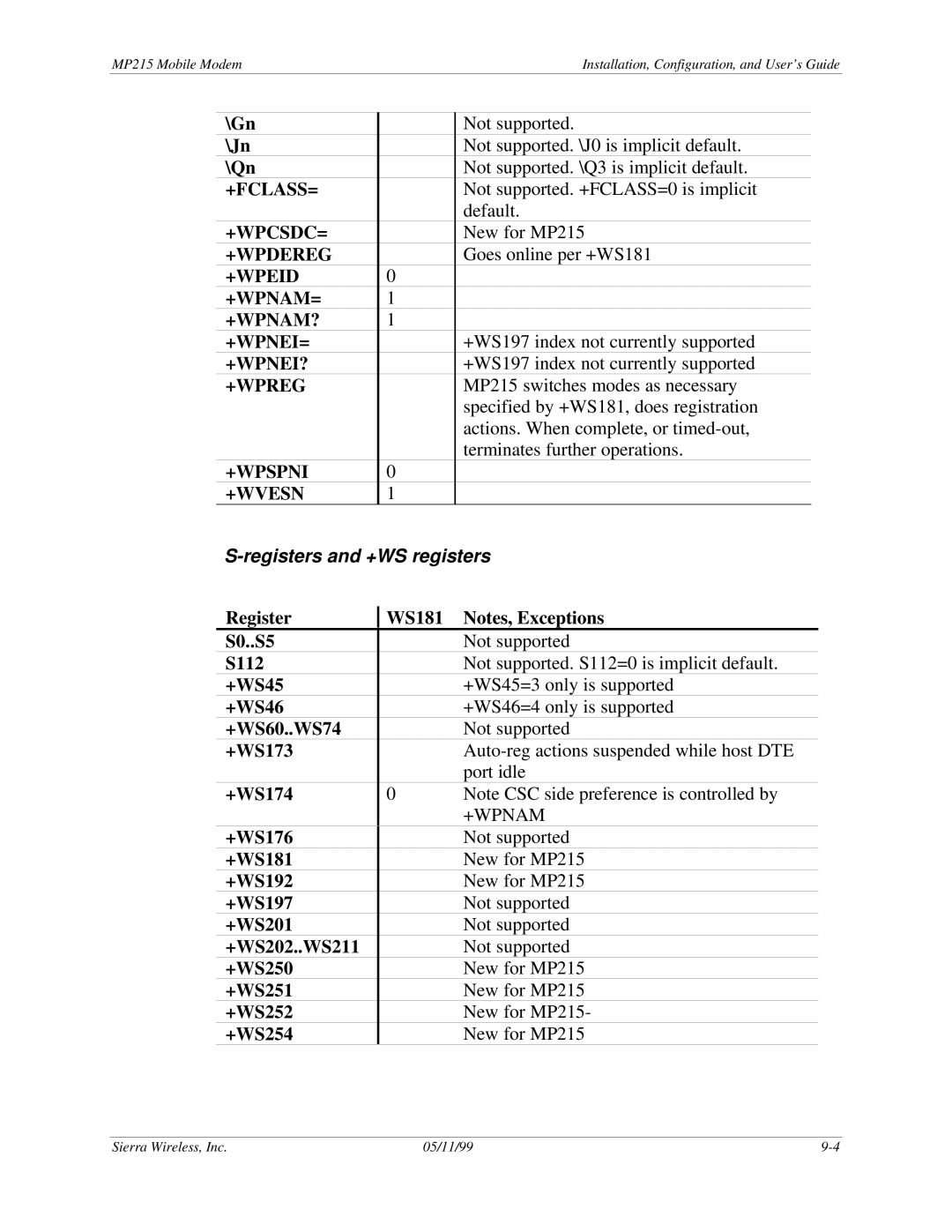 Sierra Wireless MP215 manual +Wpreg, Registers and +WS registers 