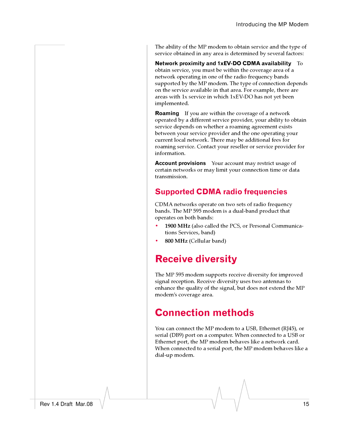 Sierra Wireless MP595W manual Receive diversity, Connection methods, Supported Cdma radio frequencies 