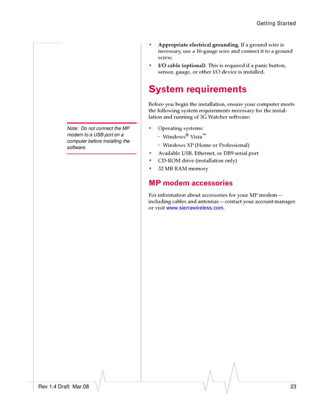 Sierra Wireless MP595W manual System requirements, MP modem accessories 