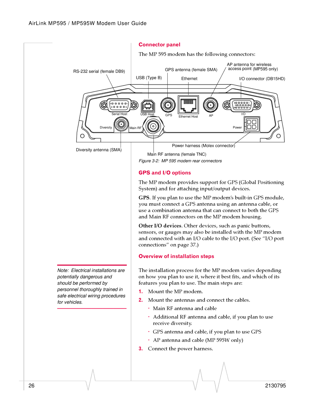 Sierra Wireless MP595W manual Connector panel, GPS and I/O options, Overview of installation steps 