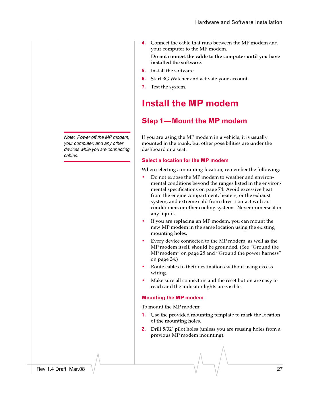 Sierra Wireless MP595W Install the MP modem, Mount the MP modem, Select a location for the MP modem, Mounting the MP modem 