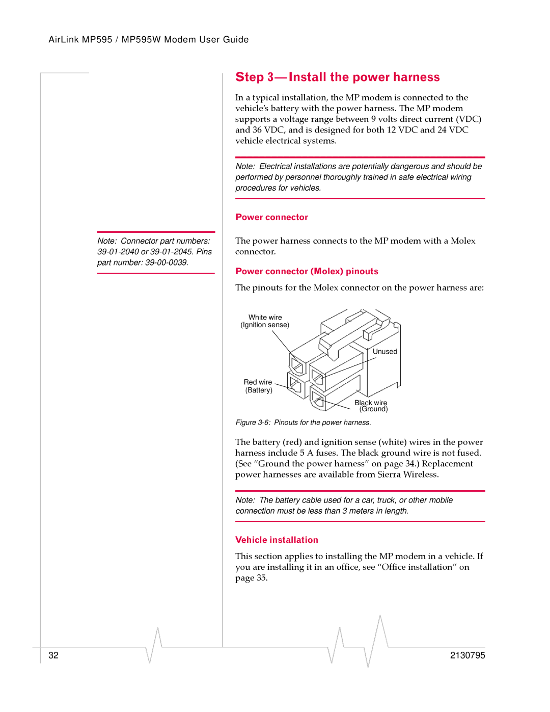 Sierra Wireless MP595W manual Install the power harness, Power connector Molex pinouts, Vehicle installation 