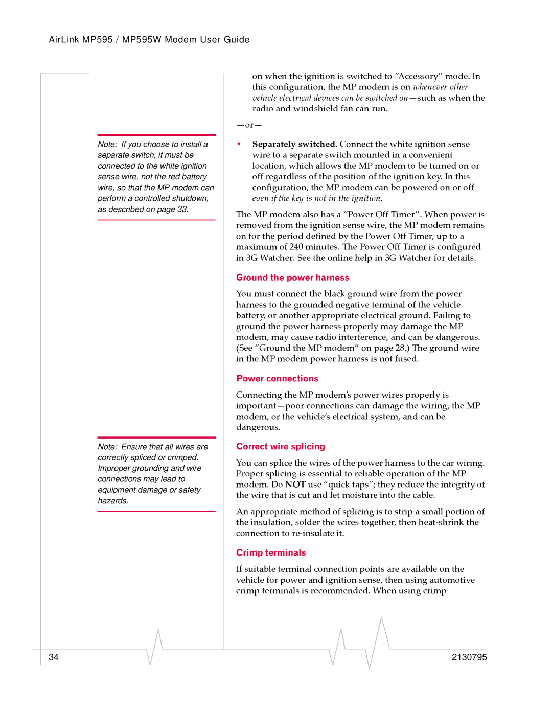 Sierra Wireless MP595W manual Ground the power harness, Power connections, Correct wire splicing, Crimp terminals 