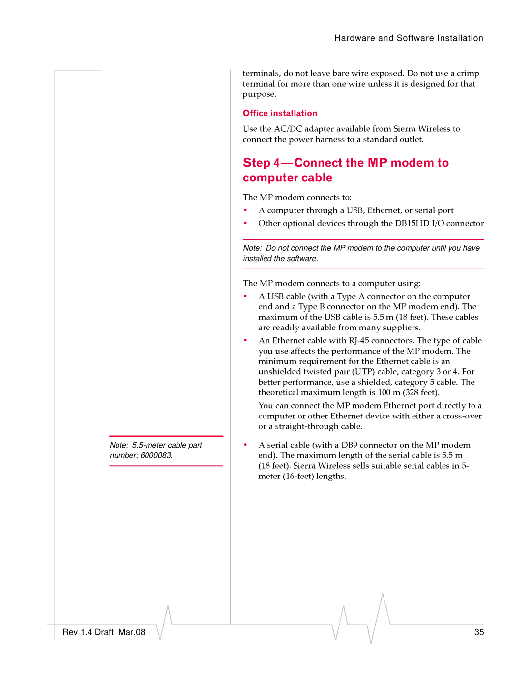 Sierra Wireless MP595W manual Connect the MP modem to computer cable, Office installation 