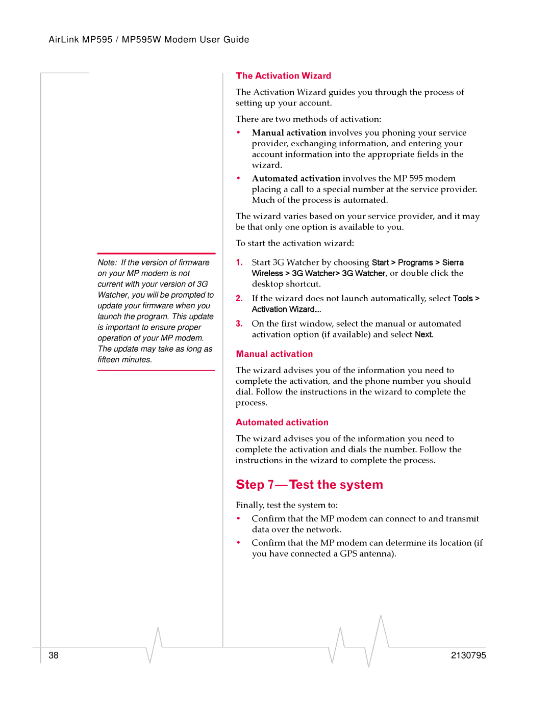 Sierra Wireless MP595W manual Test the system, Activation Wizard, Manual activation, Automated activation 