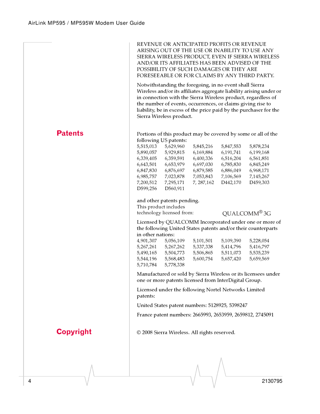 Sierra Wireless MP595W manual Patents Copyright, Qualcomm 3G 