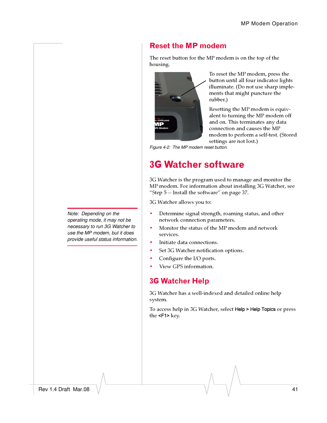 Sierra Wireless MP595W manual 3G Watcher software, Reset the MP modem, 3G Watcher Help 