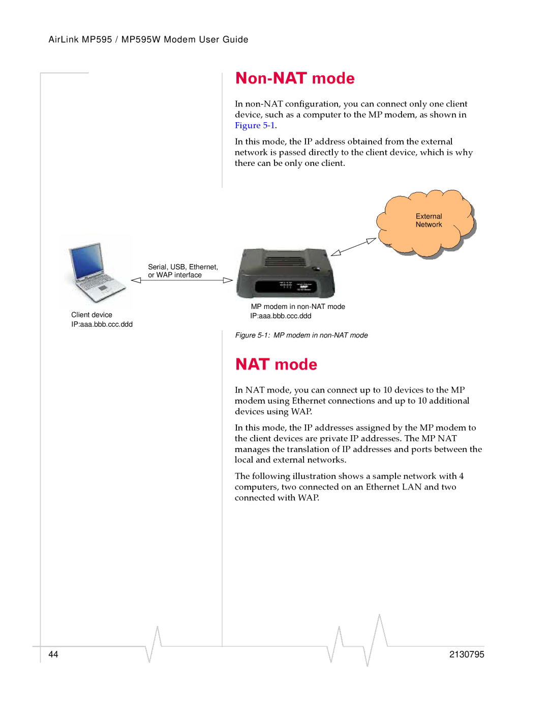 Sierra Wireless MP595W manual Non-NAT mode 