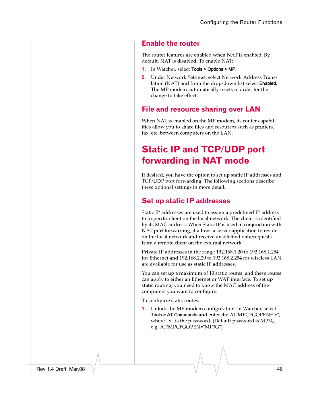 Sierra Wireless MP595 Static IP and TCP/UDP port forwarding in NAT mode, Enable the router, Set up static IP addresses 