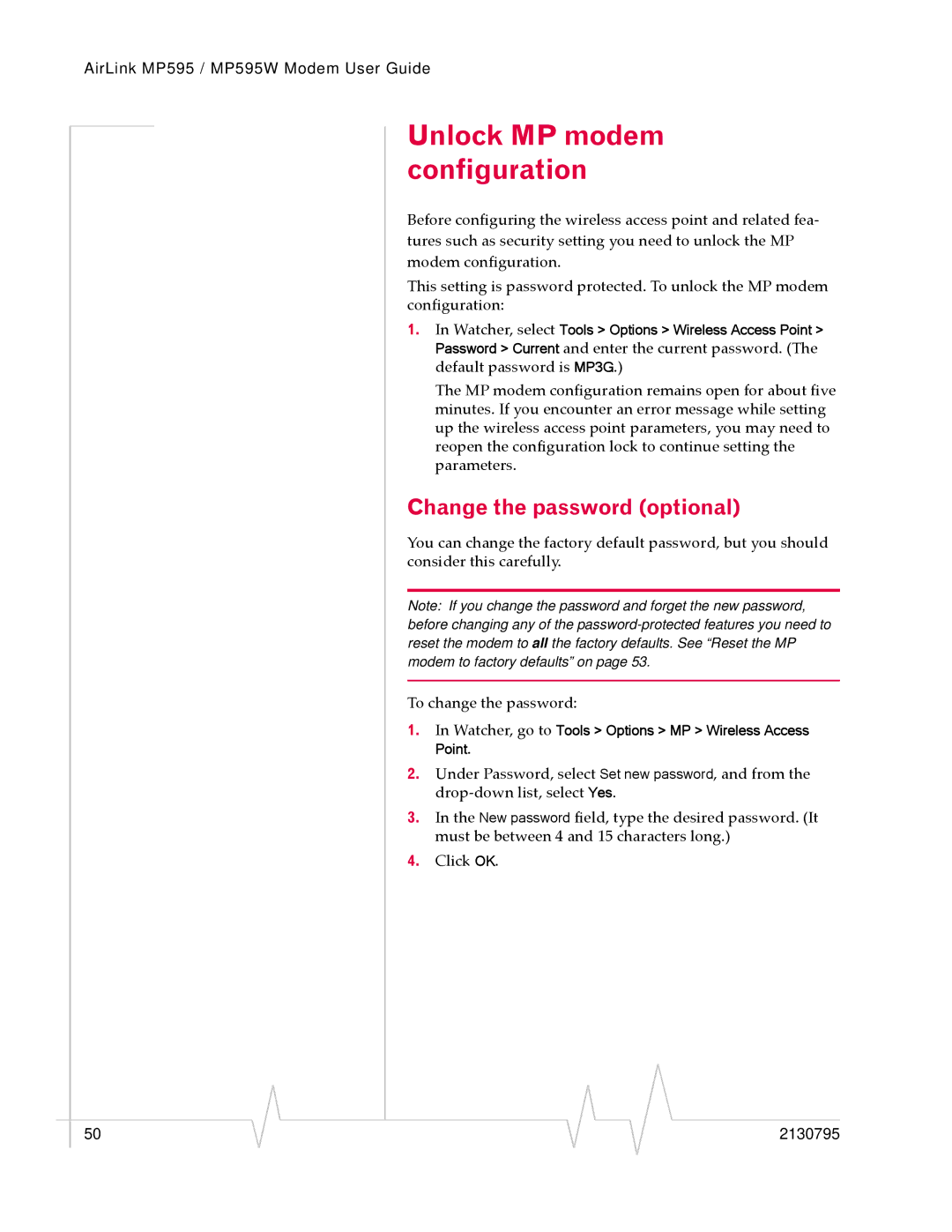 Sierra Wireless MP595W manual Unlock MP modem configuration, Change the password optional 