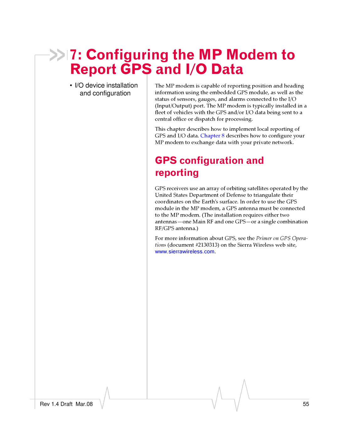 Sierra Wireless MP595W manual Configuring the MP Modem to Report GPS and I/O Data, GPS configuration and reporting 