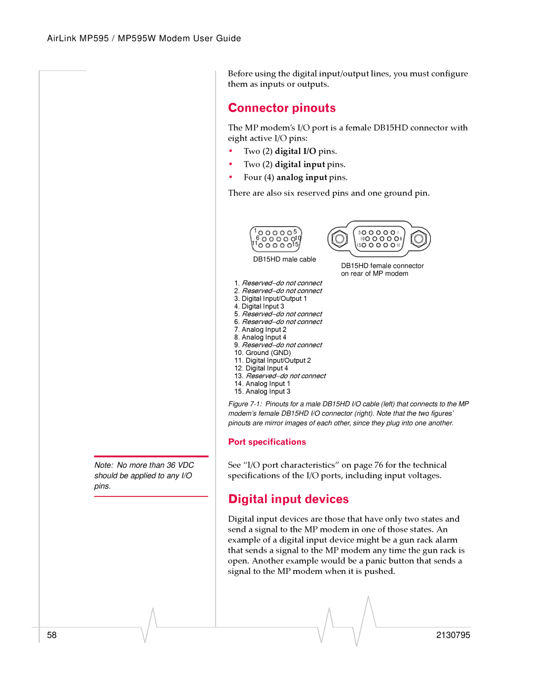 Sierra Wireless MP595W manual Connector pinouts, Digital input devices, Port specifications 