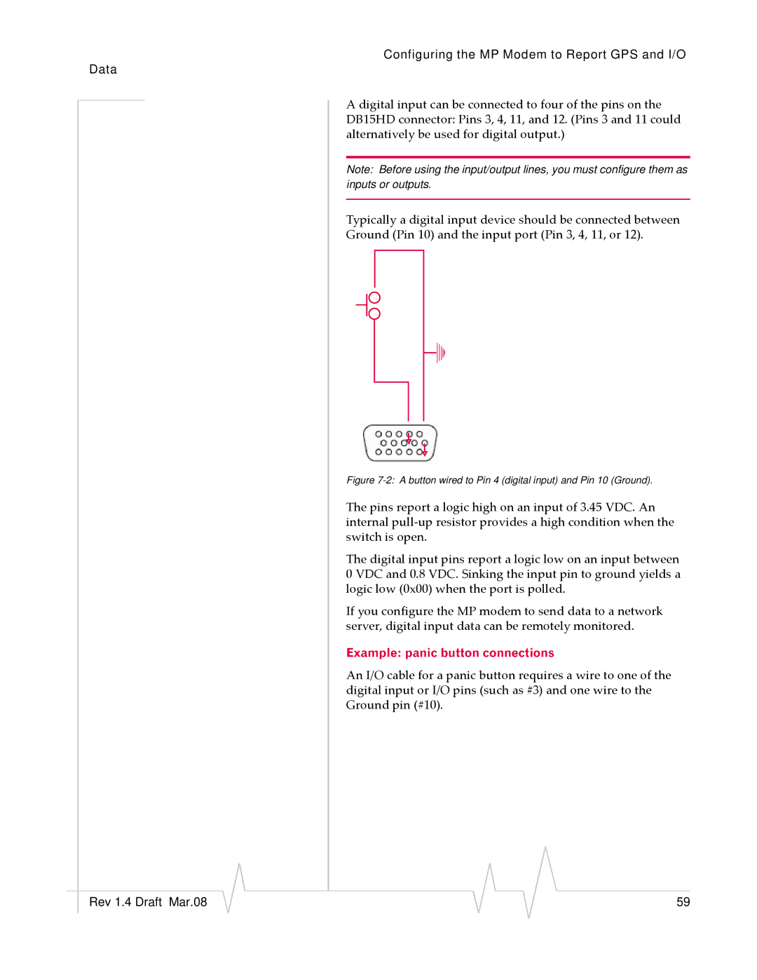 Sierra Wireless MP595W manual Example panic button connections, A button wired to Pin 4 digital input and Pin 10 Ground 