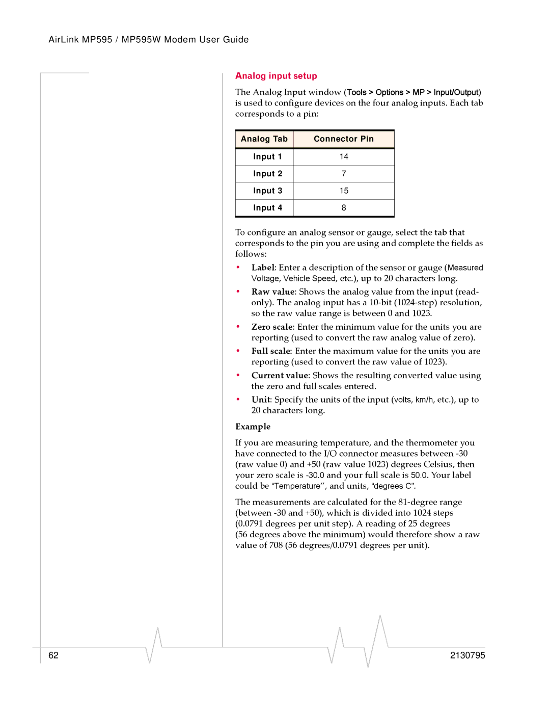 Sierra Wireless MP595W manual Analog input setup, Example 