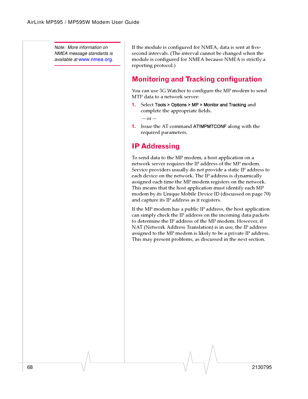 Sierra Wireless MP595W manual Monitoring and Tracking configuration, IP Addressing 