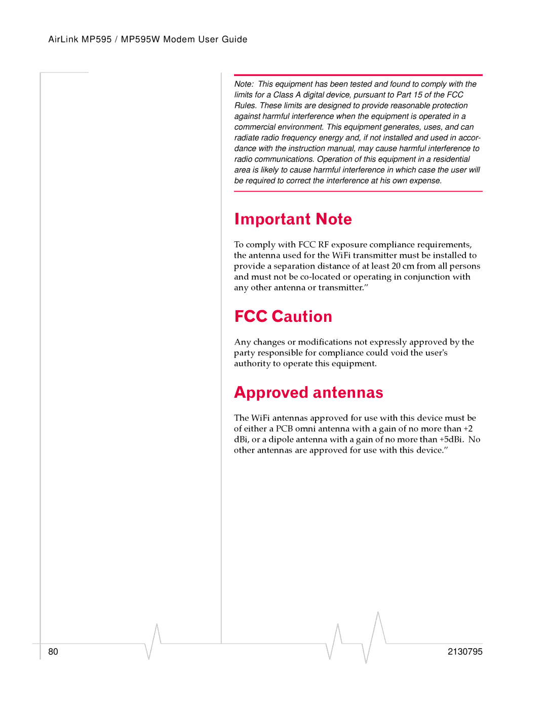 Sierra Wireless MP595W manual Important Note, FCC Caution, Approved antennas 