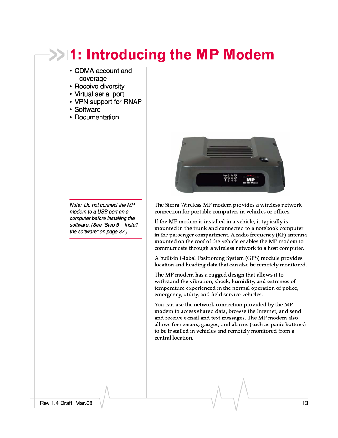 Sierra Wireless MP595W manual Introducing the MP Modem, CDMA account and coverage Receive diversity Virtual serial port 