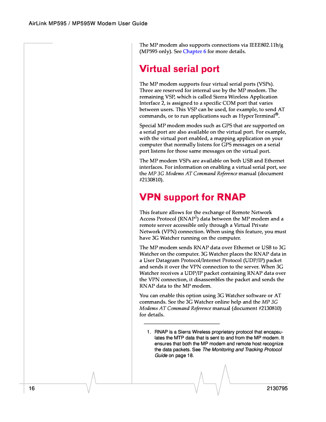 Sierra Wireless MP595W manual Virtual serial port, VPN support for RNAP 