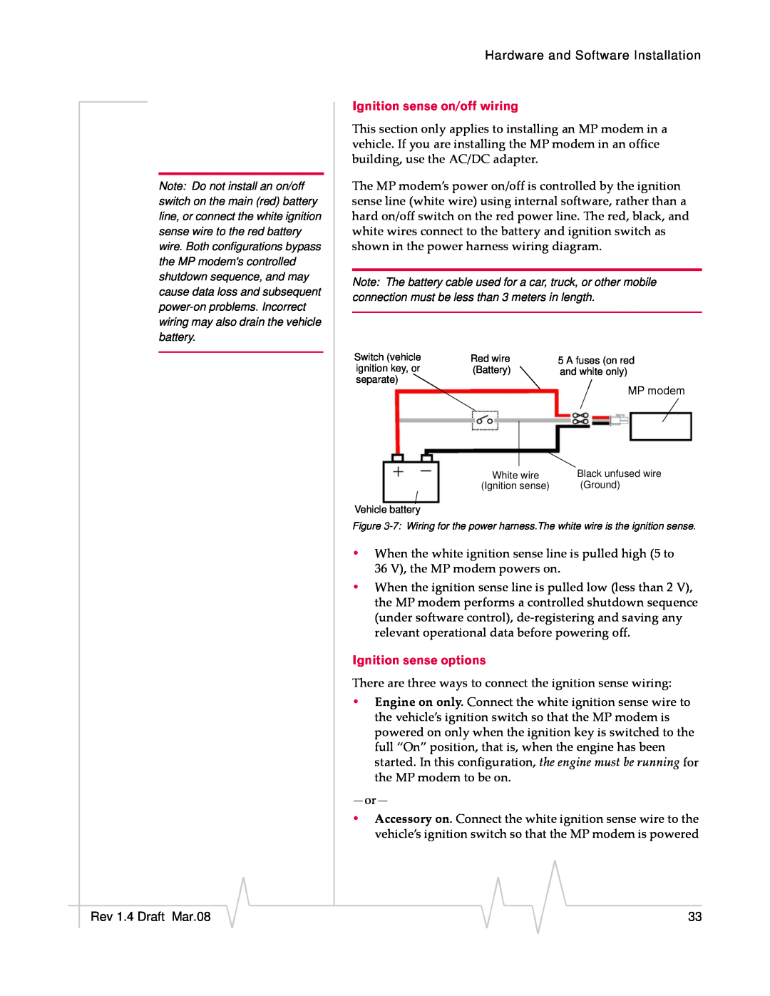 Sierra Wireless MP595W manual Ignition sense on/off wiring, Ignition sense options 