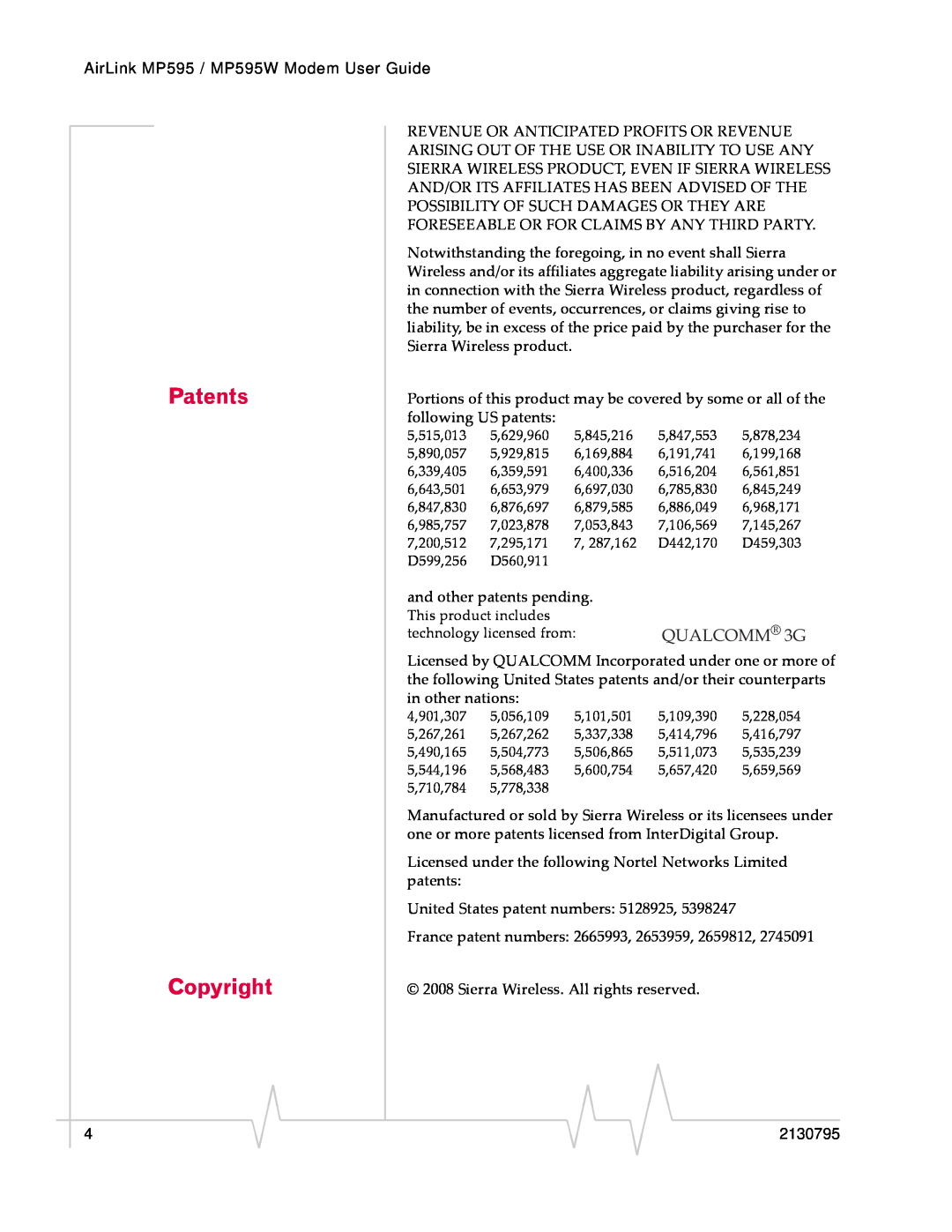 Sierra Wireless MP595W manual Patents Copyright, QUALCOMM 3G 