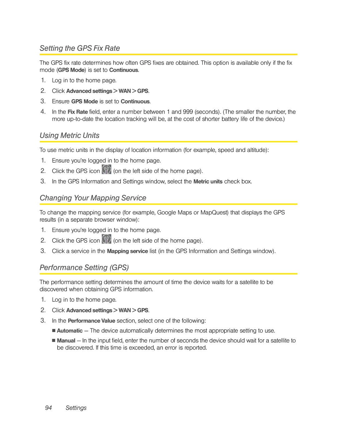 Sierra Wireless Overdrive manual Setting the GPS Fix Rate, Using Metric Units, Changing Your Mapping Service 