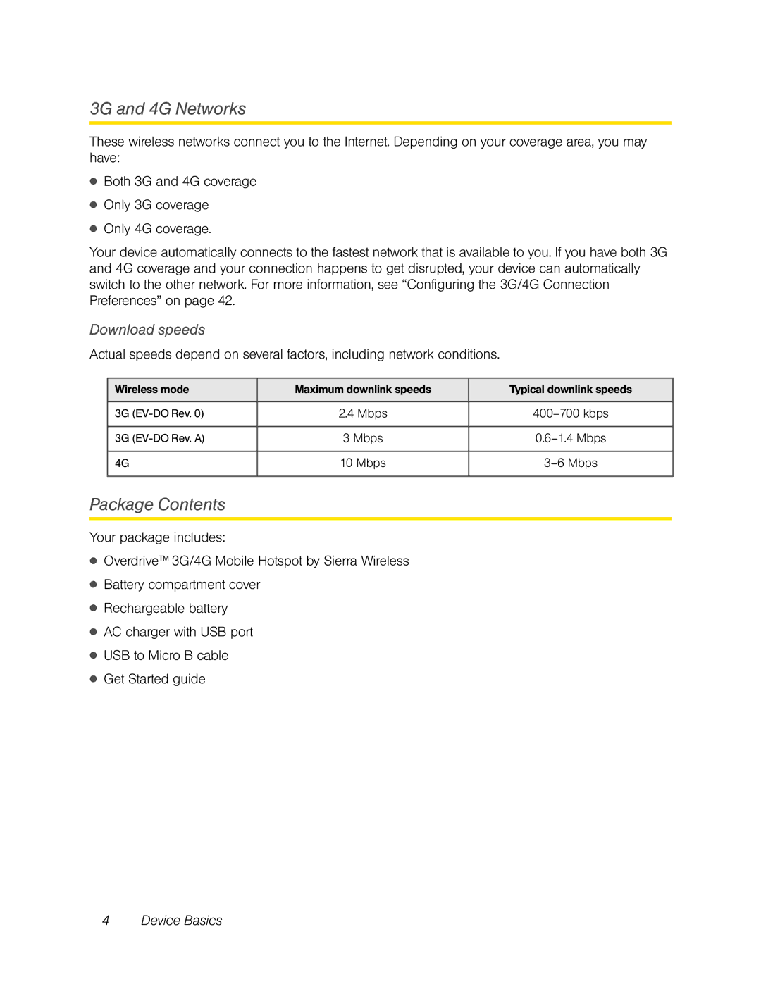 Sierra Wireless Overdrive manual 3G and 4G Networks, Package Contents 