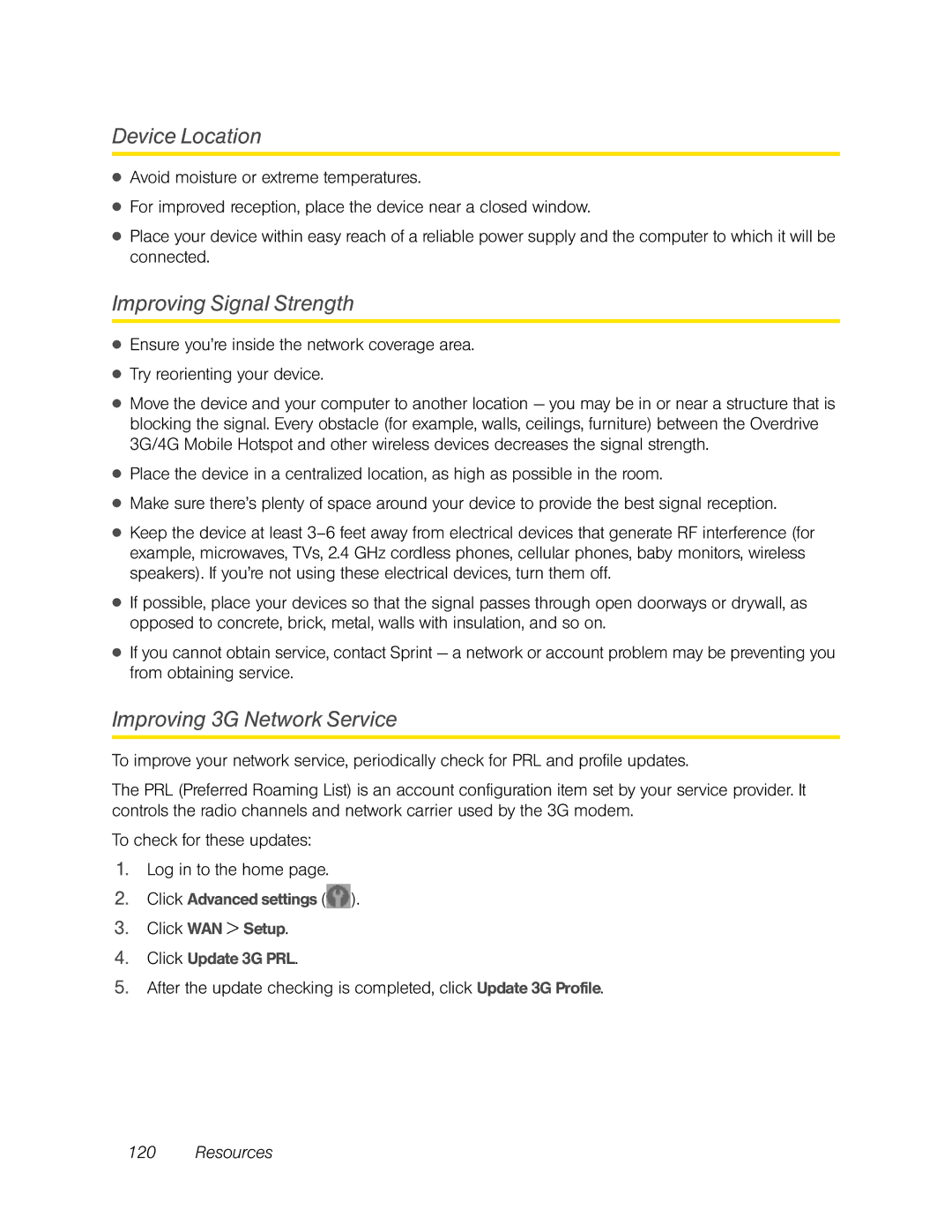 Sierra Wireless Overdrive manual Device Location, Improving Signal Strength, Improving 3G Network Service, Click WAN Setup 