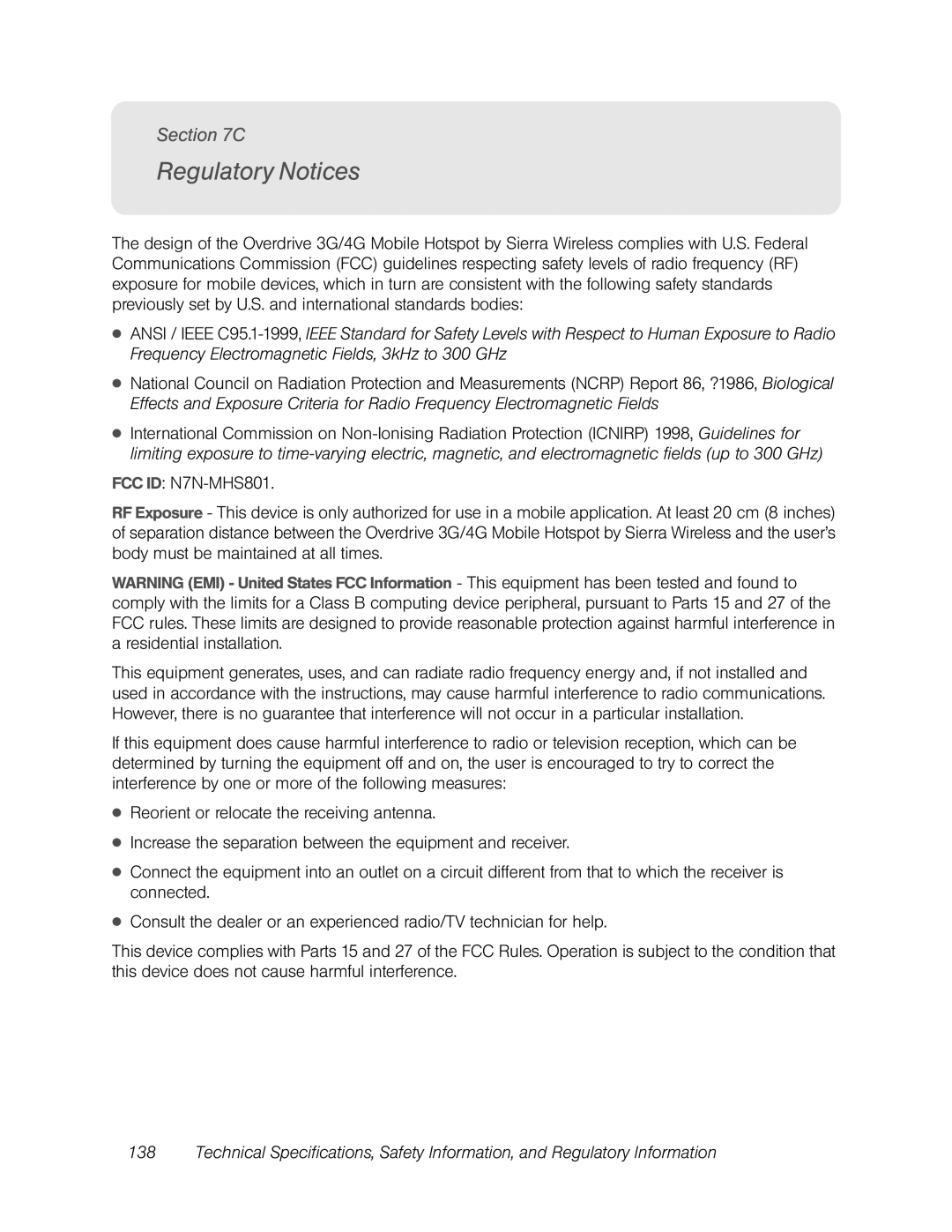 Sierra Wireless Overdrive manual Regulatory Notices, FCC ID N7N-MHS801 