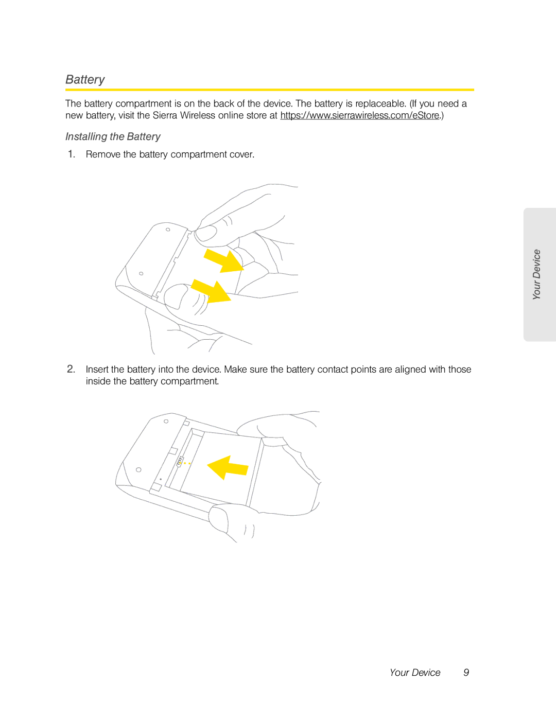 Sierra Wireless Overdrive manual Installing the Battery, Remove the battery compartment cover 