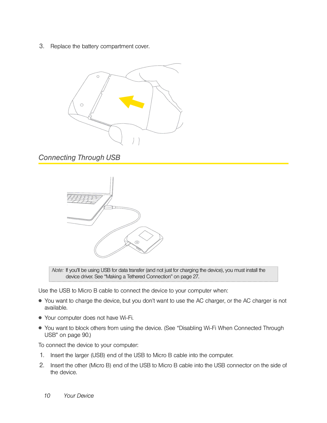 Sierra Wireless Overdrive manual Connecting Through USB, Replace the battery compartment cover 