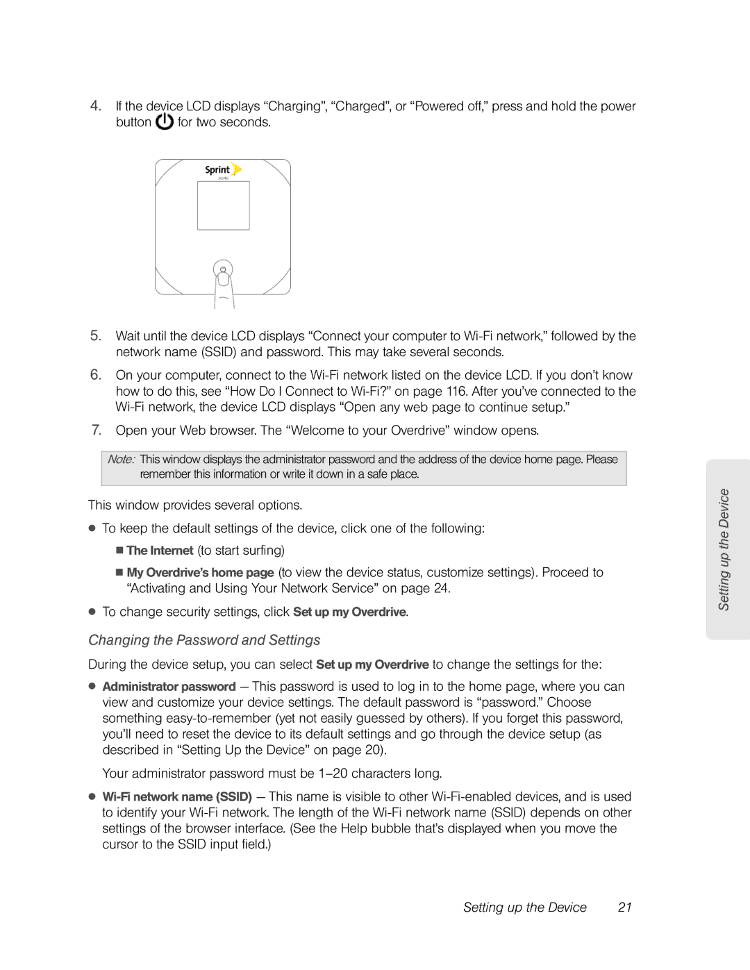 Sierra Wireless Overdrive manual Changing the Password and Settings, Setting up the Device 