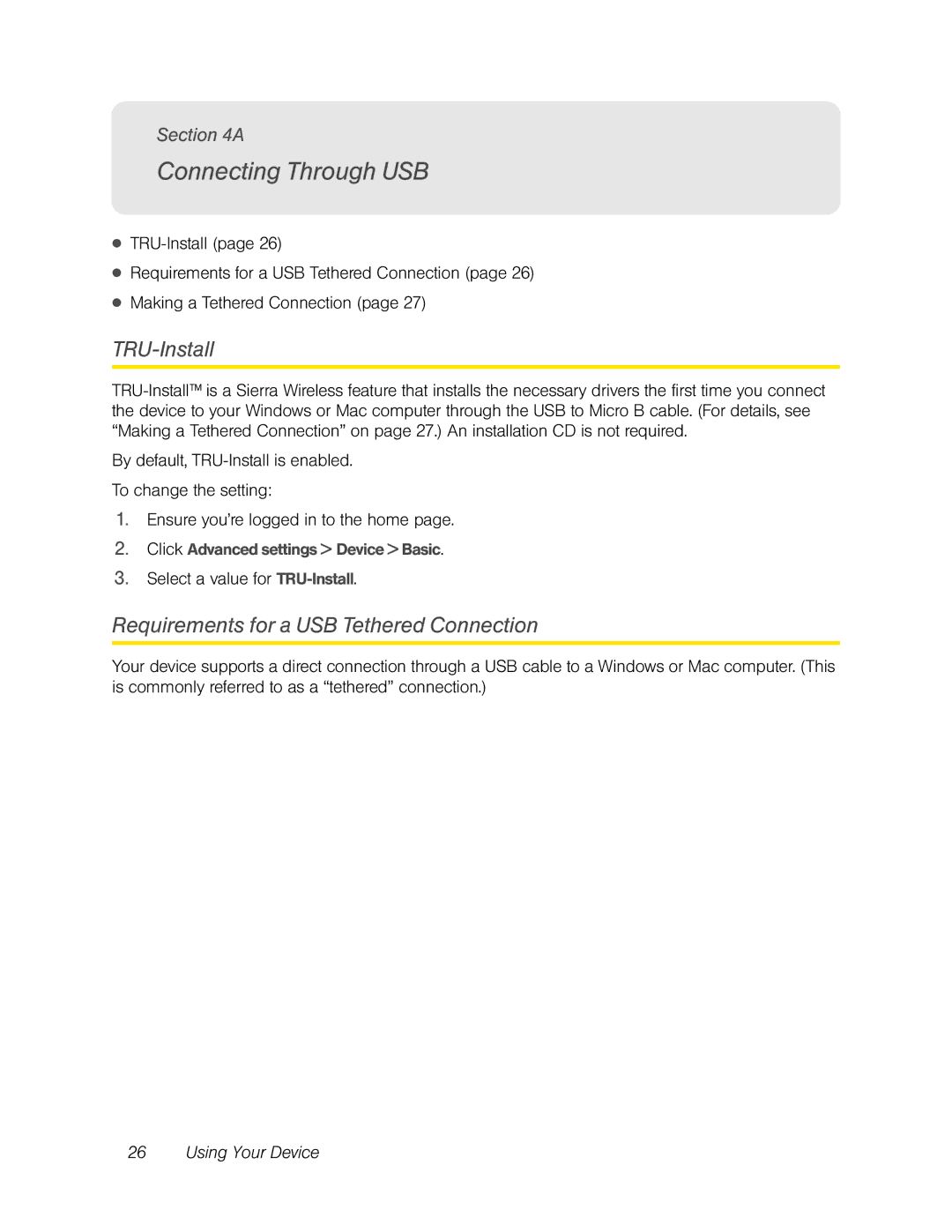 Sierra Wireless Overdrive manual Connecting Through USB, TRU-Install, Requirements for a USB Tethered Connection 