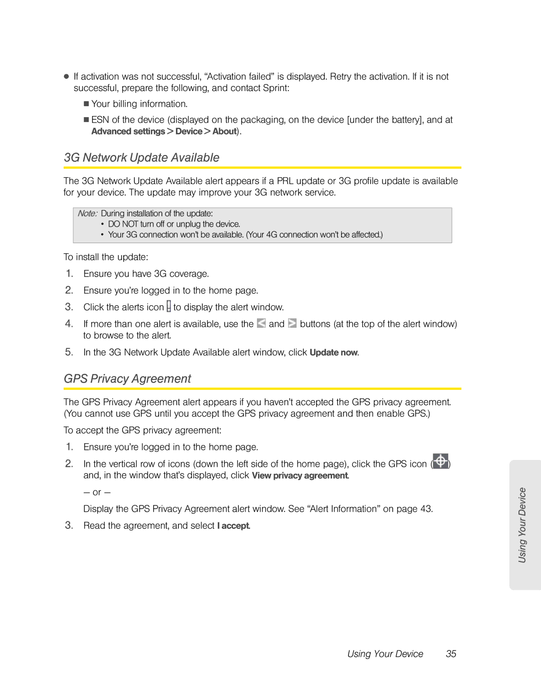 Sierra Wireless Overdrive manual 3G Network Update Available, GPS Privacy Agreement 