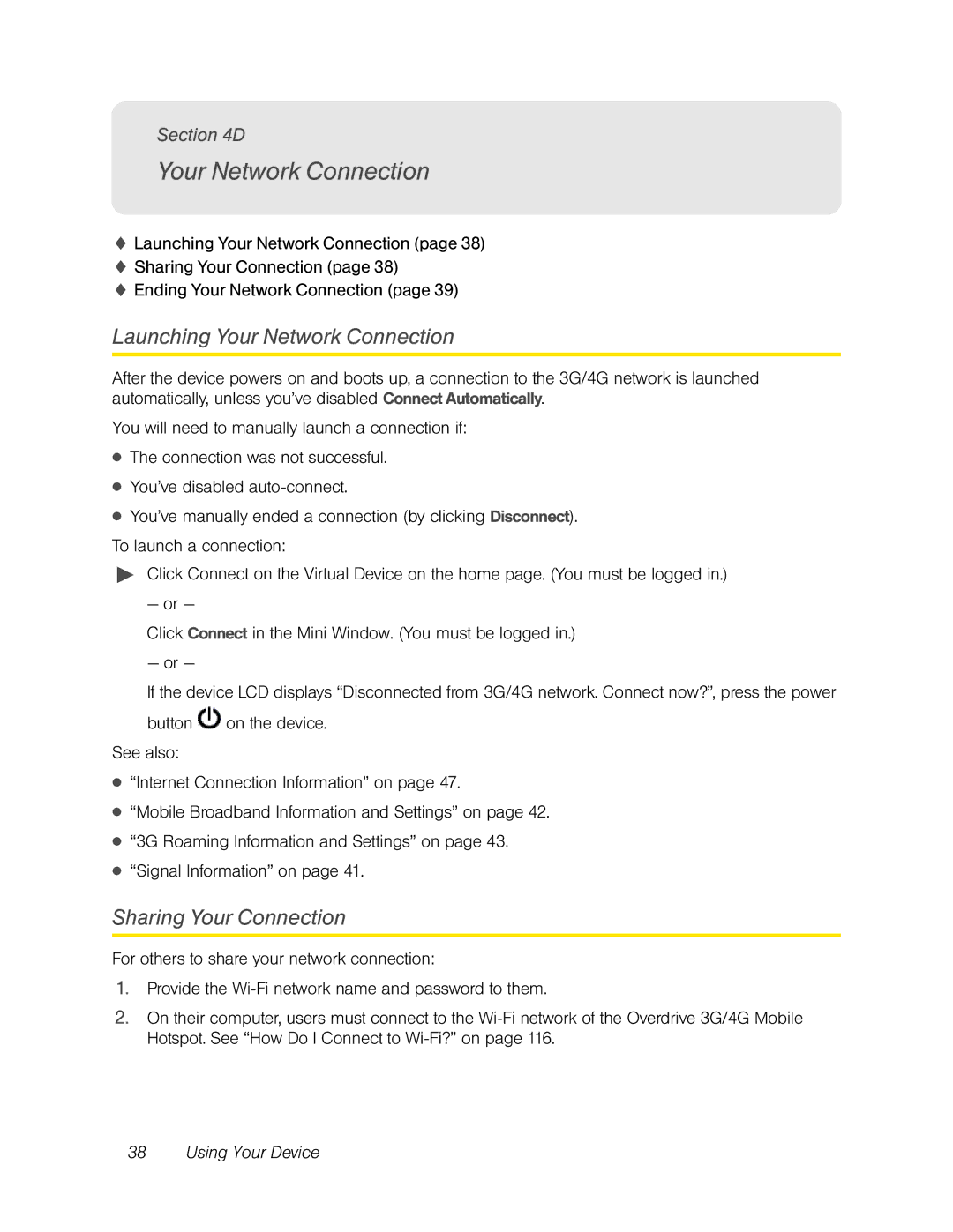 Sierra Wireless Overdrive manual Launching Your Network Connection, Sharing Your Connection 