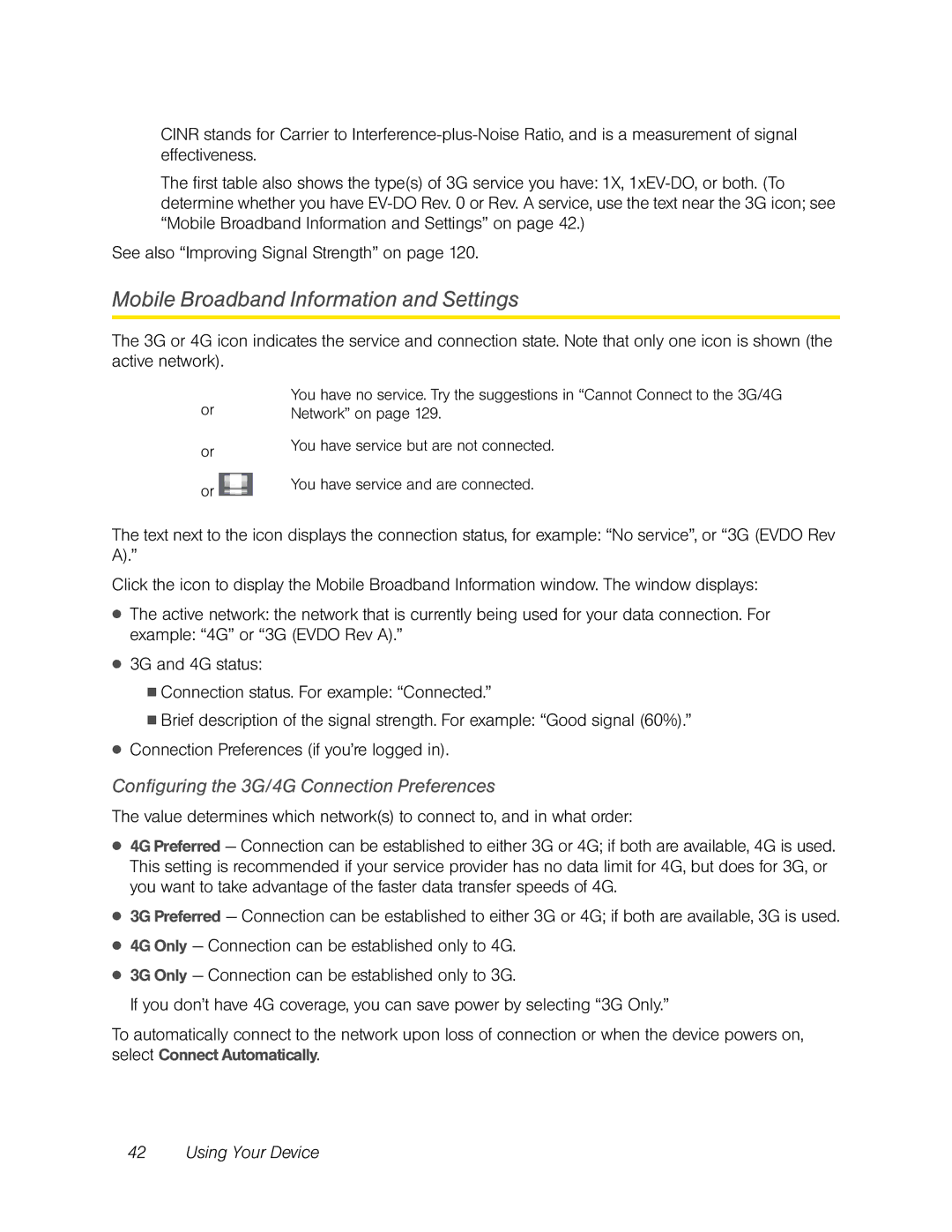 Sierra Wireless Overdrive manual Mobile Broadband Information and Settings, Configuring the 3G/4G Connection Preferences 