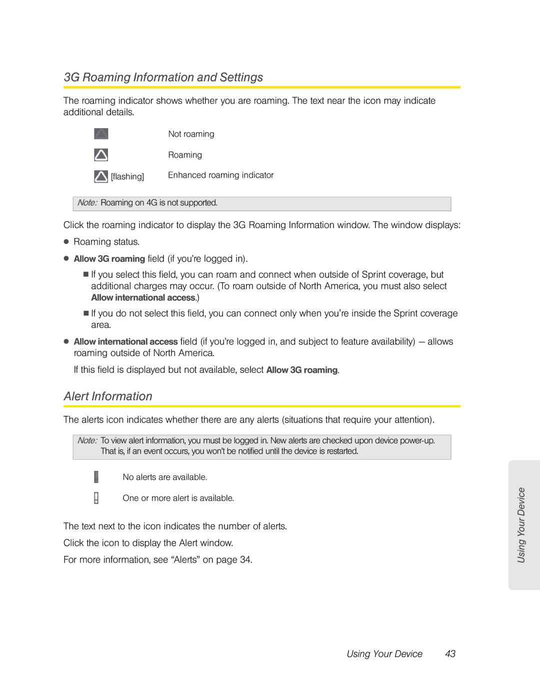 Sierra Wireless Overdrive manual 3G Roaming Information and Settings, Alert Information 